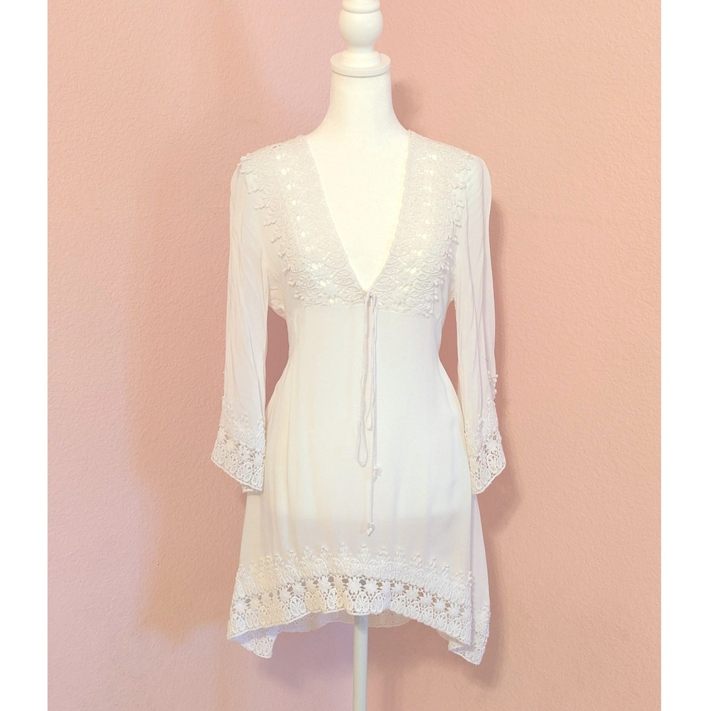 Radzoli White Rayon Crochet Lace Tunic Mini Dress Bell Sleeve Large Boho Bridal